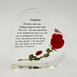 Vtg Lucite Rose Heart Paperweight Footprints in the Sand Poem Bircraft USA 90s